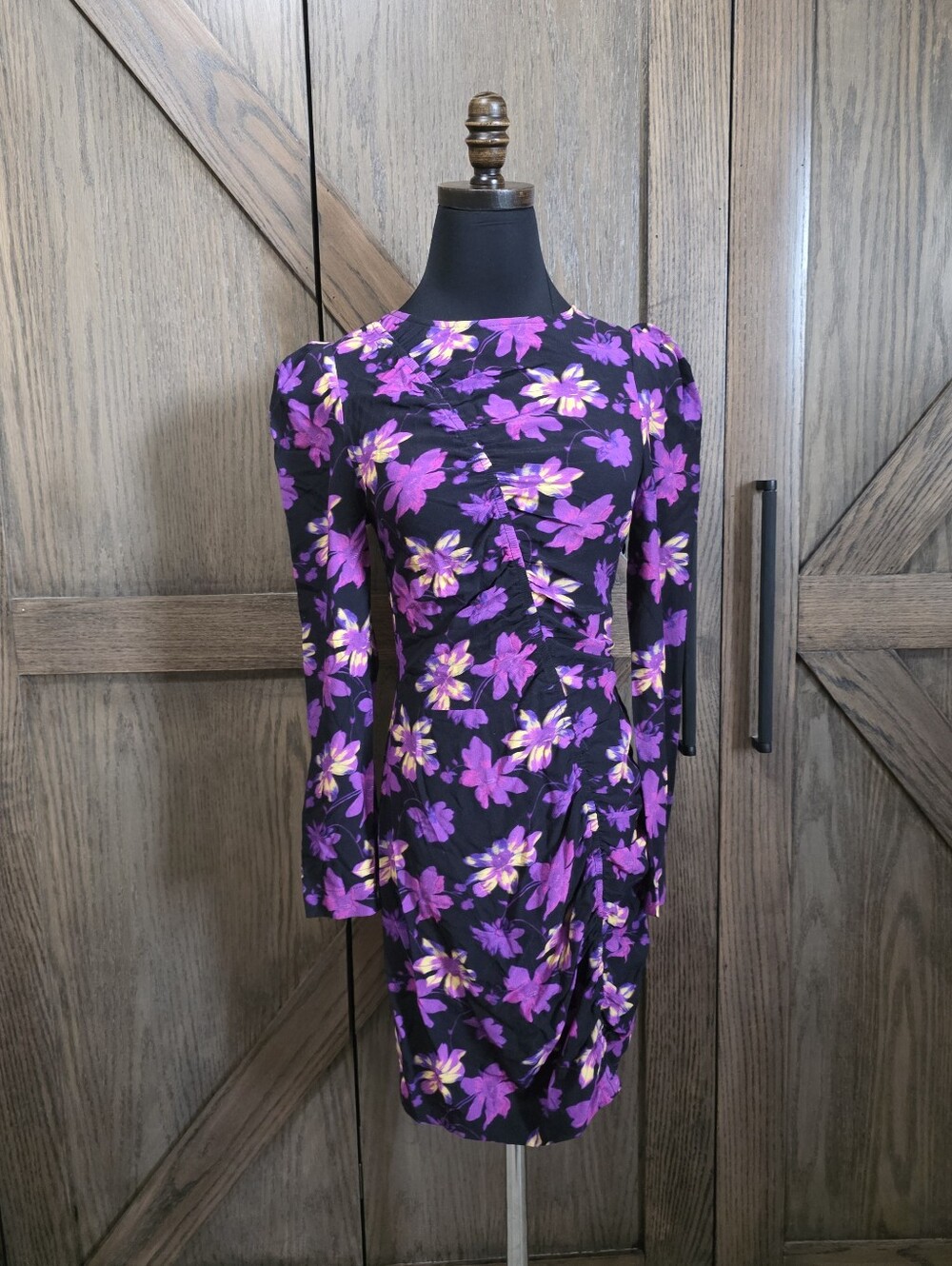 Maje Black Dress with Purple and Yellow Floral Print, Long Sleeve